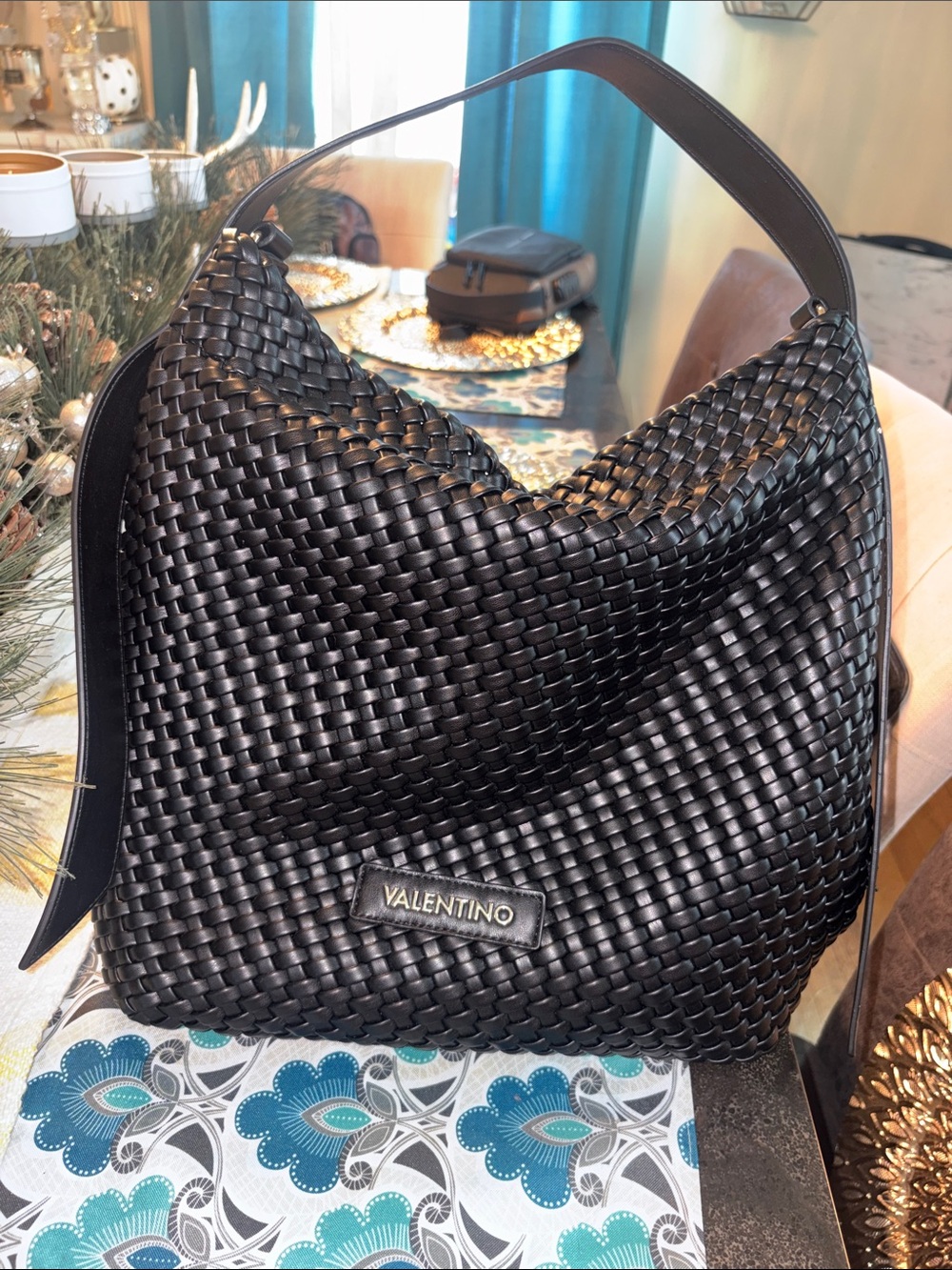 Valentino Black Woven Leather Hobo Shoulder Bag